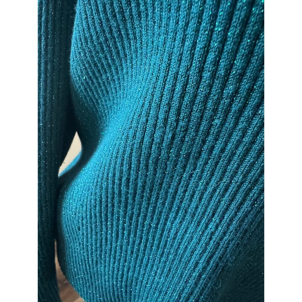 Nine West Teal Metallic Ribbed Sweater XXL V Neck Long Sleeve - Picture 2 of 12